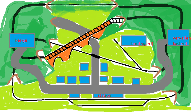 donkergroen :  bergen<br />dikke zwarte lijn : spoor onder de berg (tunnel)<br />blauwe vakjes : huisjes